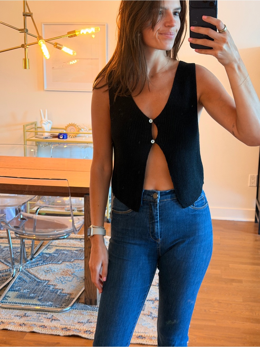 Women's Black Ribbed Button-Front Knit Tank - Modern V-Neck